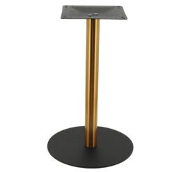 circular steel dining table base in matte black with round gold pole