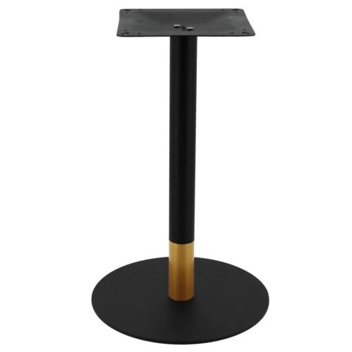 circular steel dining table base in matte black with round gold tip pole