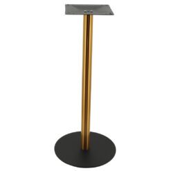 circular steel dining table base in matte black with round gold pole