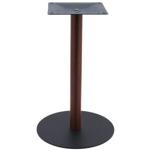 circular steel dining table base in matte black with walnut finish pole